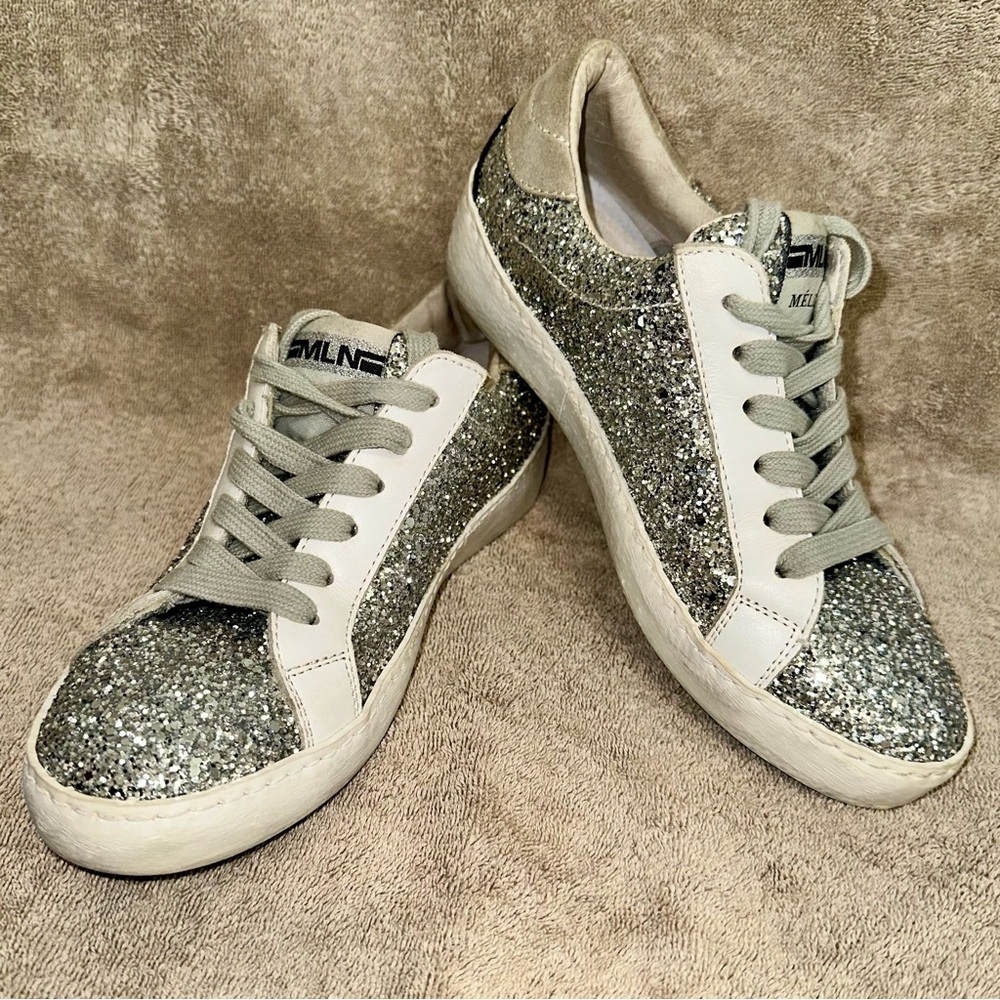Méliné ITALY Silver Glitter Leather Low Top Sneakers EU 37 Made in Italy Shoe